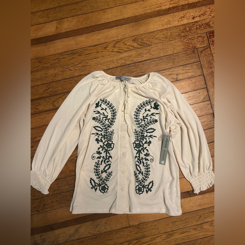 Absolutely Famous Cream Top with Green Embroidery